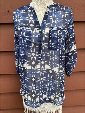 Fred David Geometric Blue and White Blouse Bohemian Casual Preppy